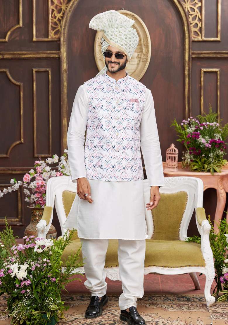 Multicolor Embroidered Art Silk Nehru Jacket Set For Men - Indya