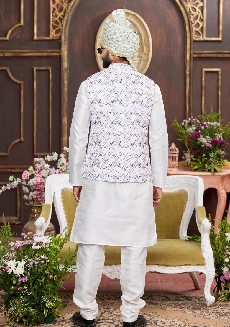 Multicolor Embroidered Art Silk Nehru Jacket Set For Men