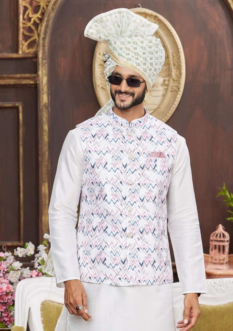 Multicolor Embroidered Art Silk Nehru Jacket Set For Men - Indya