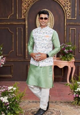 Multicolor Embroidered Art Silk Nehru Jacket Set For Men