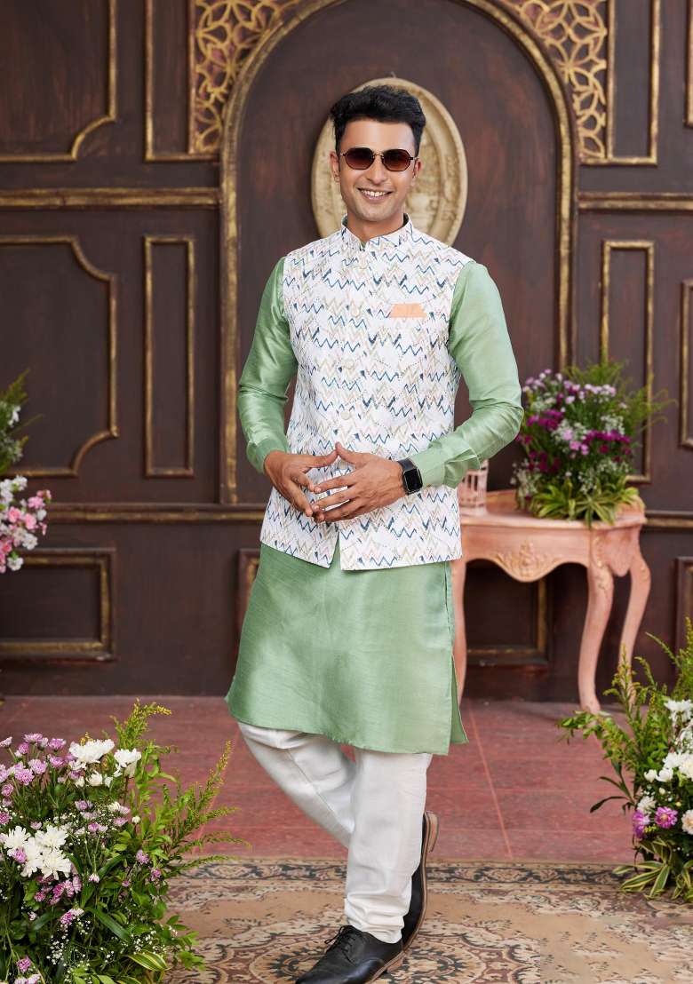 Multicolor Embroidered Art Silk Nehru Jacket Set For Men - Indya