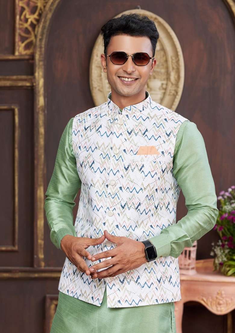 Multicolor Embroidered Art Silk Nehru Jacket Set For Men - Indya