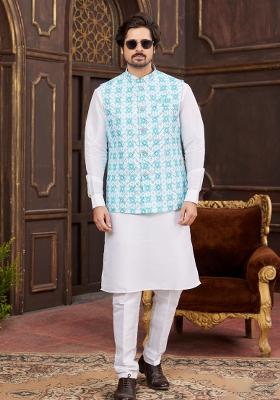 Blue Embroidered Art Silk Nehru Jacket Set For Men