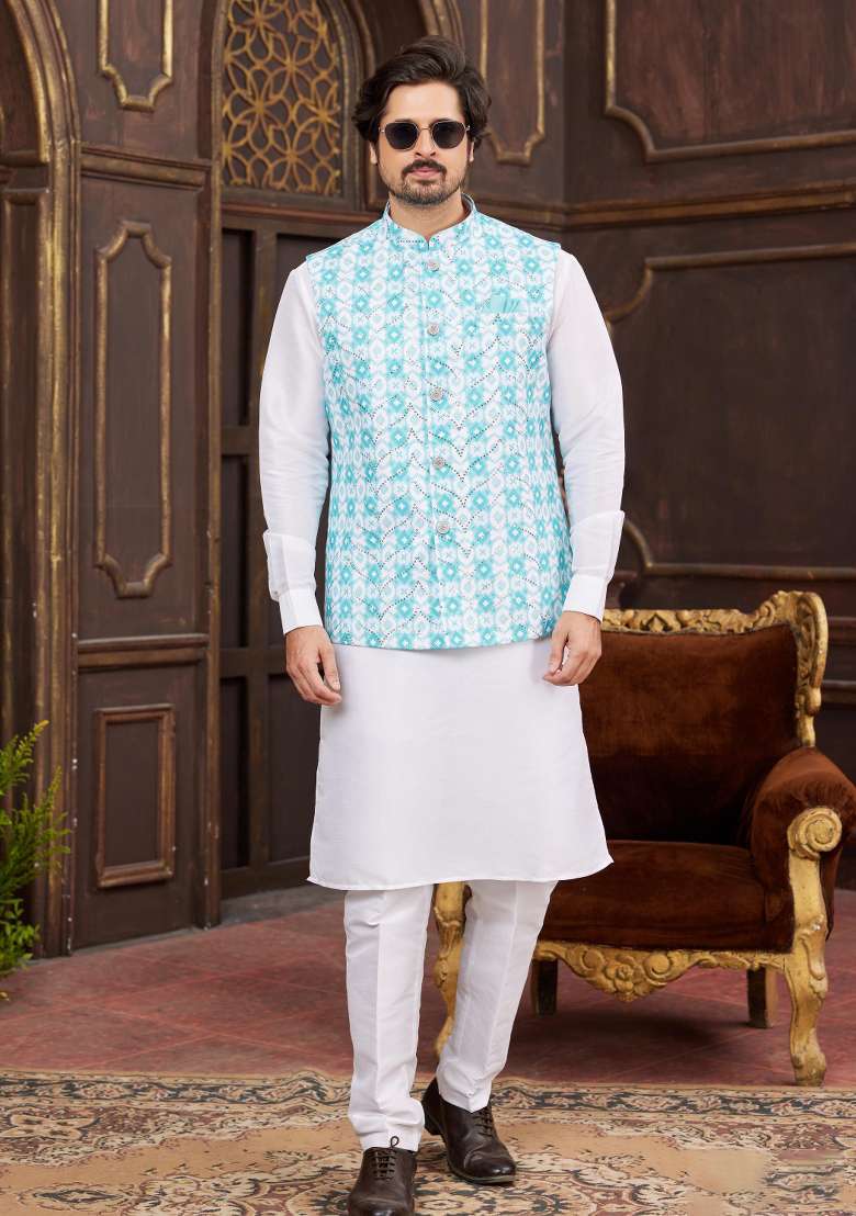 Blue Embroidered Art Silk Nehru Jacket Set For Men - Indya