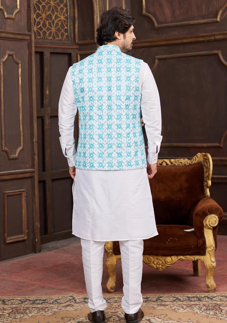 Blue Embroidered Art Silk Nehru Jacket Set For Men