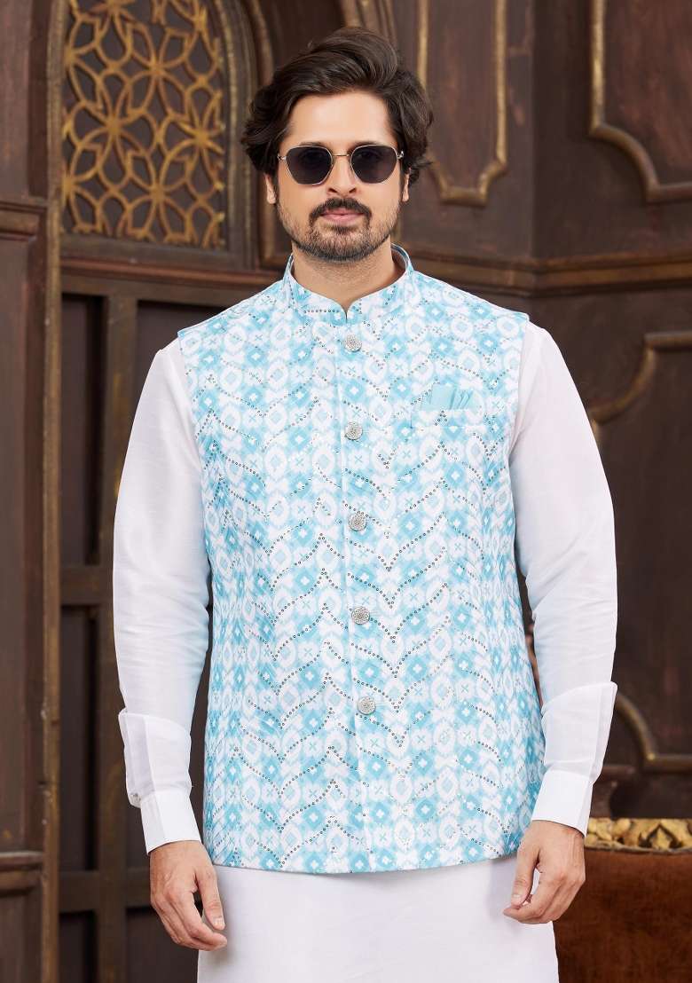 Blue Embroidered Art Silk Nehru Jacket Set For Men - Indya