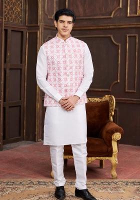 Pink Embroidered Art Silk Nehru Jacket Set For Men