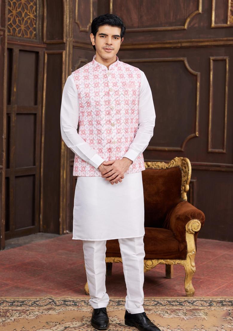 Pink Embroidered Art Silk Nehru Jacket Set For Men