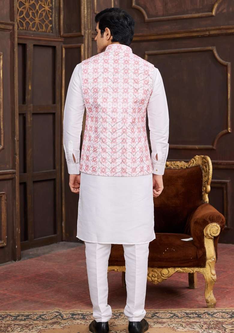 Pink Embroidered Art Silk Nehru Jacket Set For Men - Indya