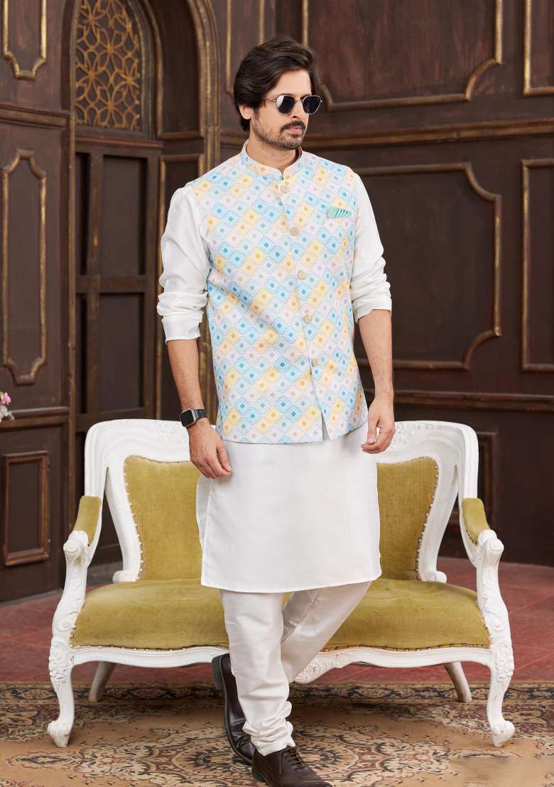 Multicolor Embroidered Art Silk Nehru Jacket Set For Men - Indya