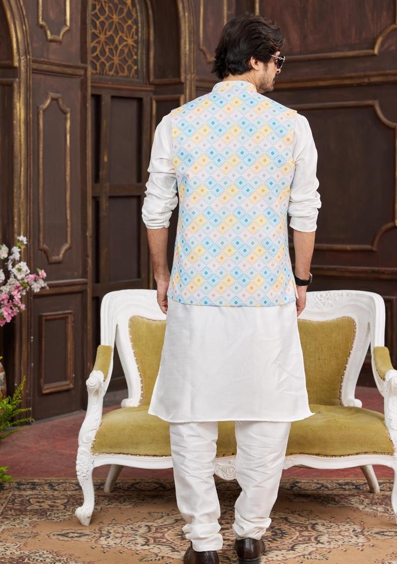 Multicolor Embroidered Art Silk Nehru Jacket Set For Men