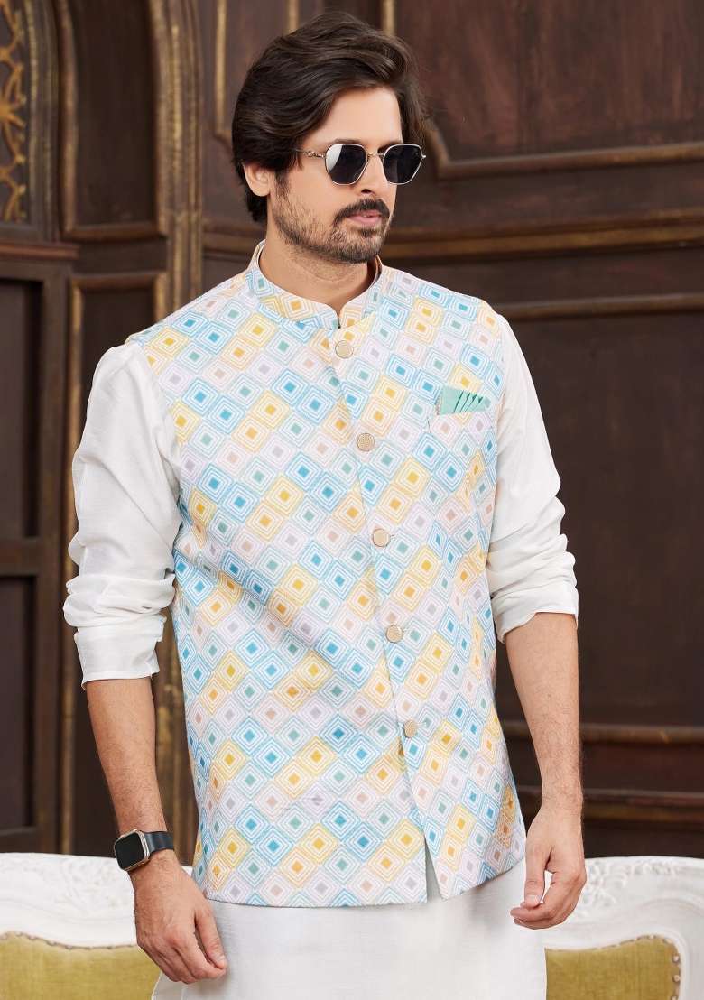 Multicolor Embroidered Art Silk Nehru Jacket Set For Men - Indya