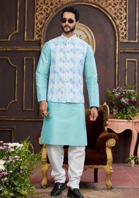 Multicolor Embroidered Art Silk Nehru Jacket Set For Men