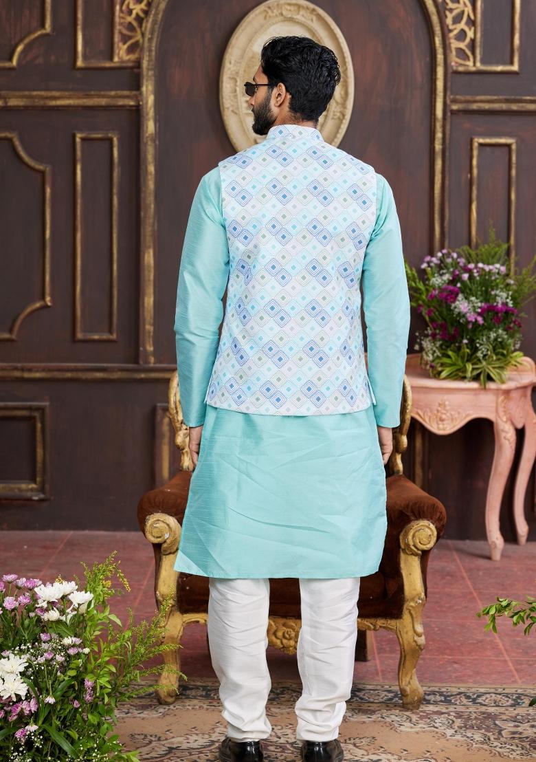 Multicolor Embroidered Art Silk Nehru Jacket Set For Men