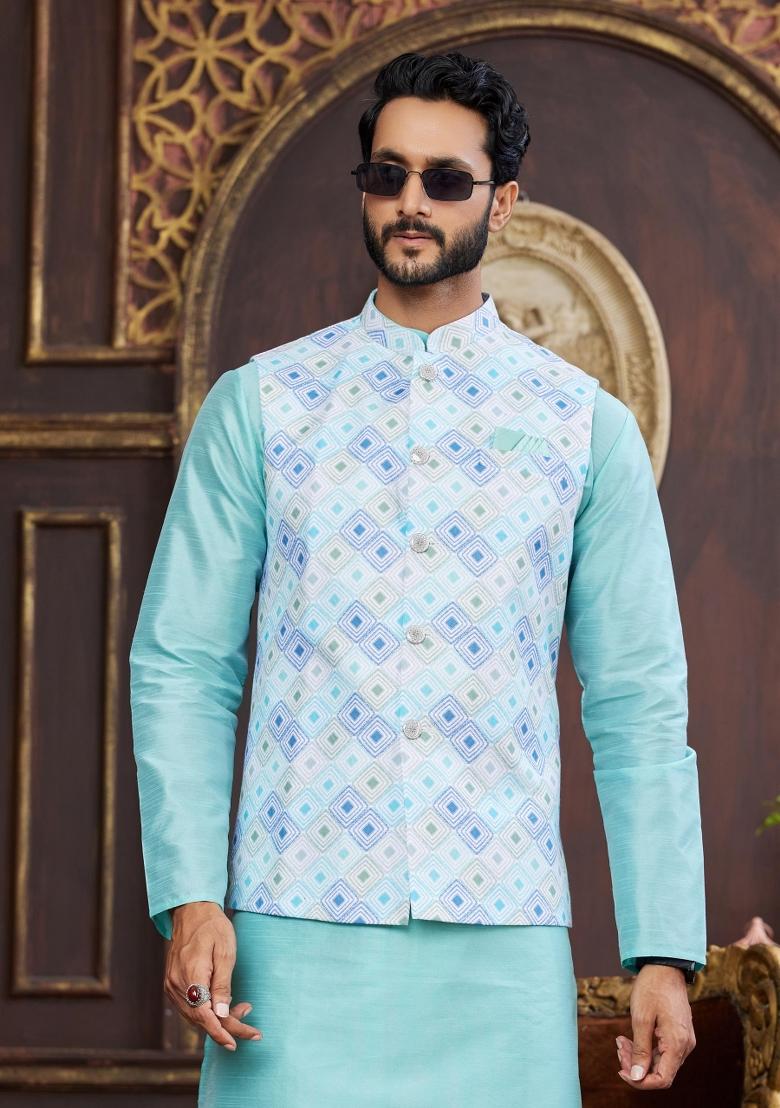 Multicolor Embroidered Art Silk Nehru Jacket Set For Men