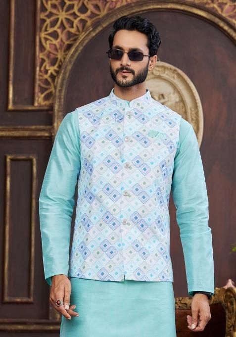Multicolor Embroidered Art Silk Nehru Jacket Set For Men