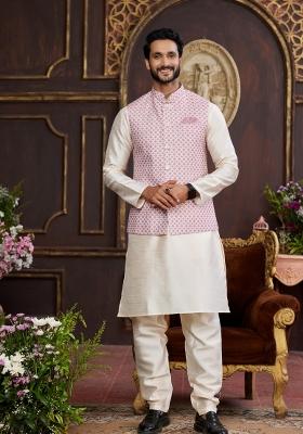 Pink Embroidered Art Silk Nehru Jacket Set For Men