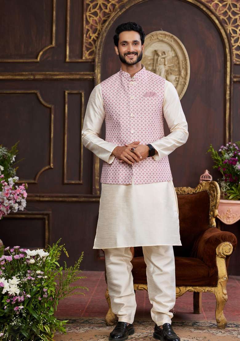 Pink Embroidered Art Silk Nehru Jacket Set For Men - Indya