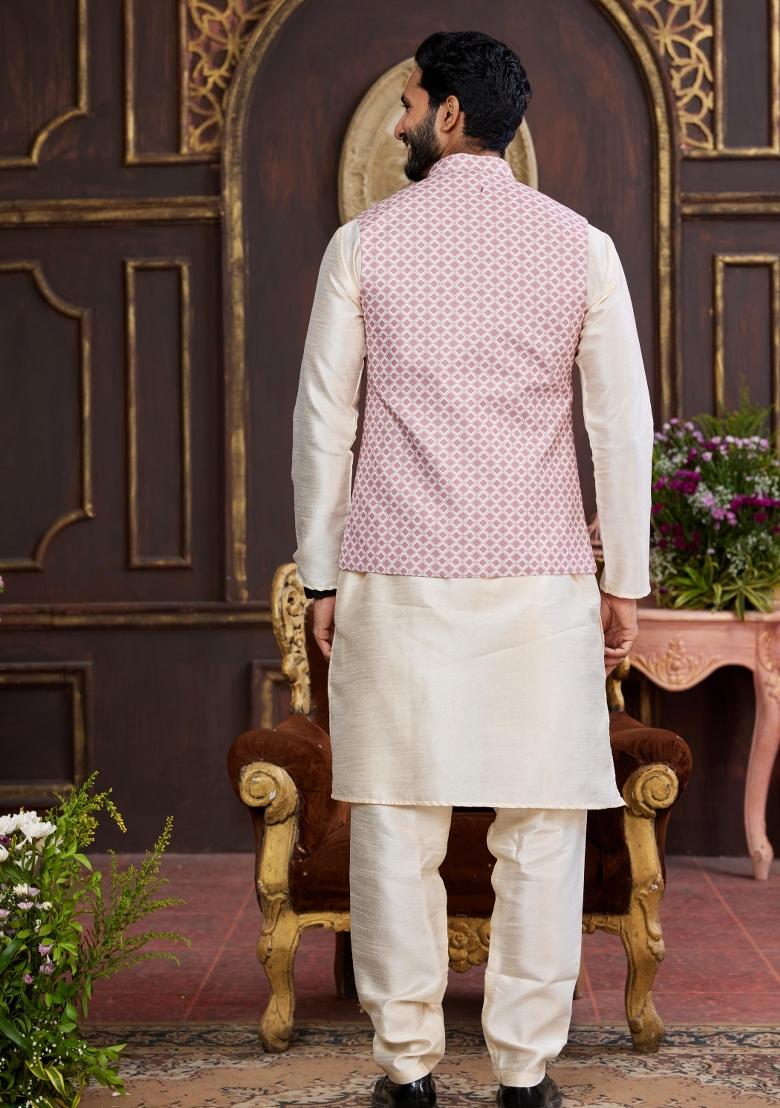 Pink Embroidered Art Silk Nehru Jacket Set For Men
