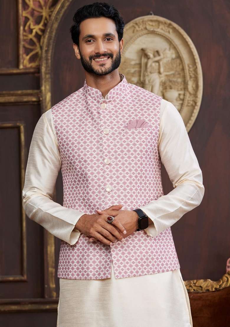 Pink Embroidered Art Silk Nehru Jacket Set For Men - Indya
