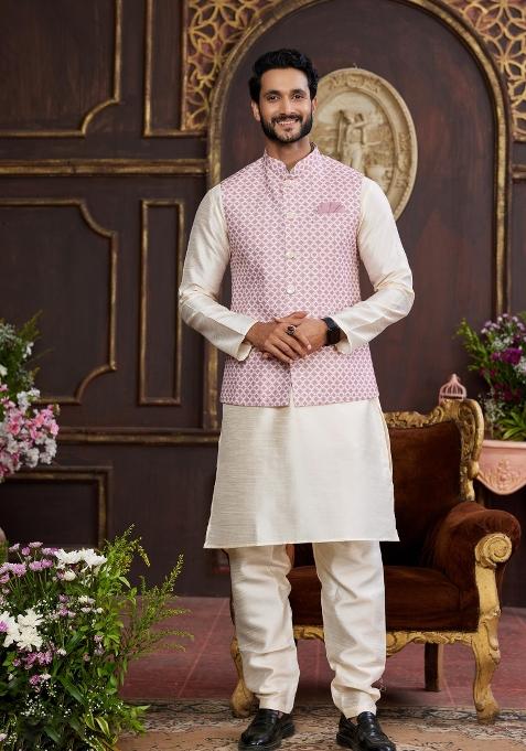 Pink Embroidered Art Silk Nehru Jacket Set For Men — view on Indya