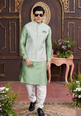 Green Embroidered Art Silk Nehru Jacket Set For Men