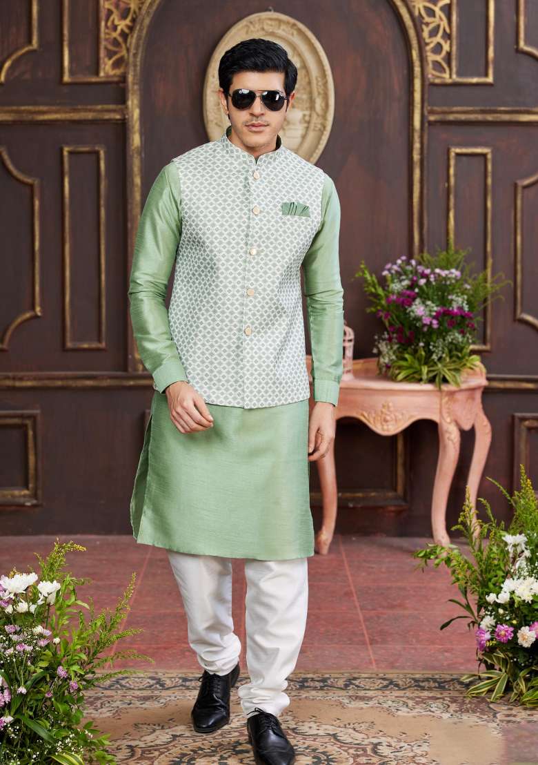 Green Embroidered Art Silk Nehru Jacket Set For Men - Indya