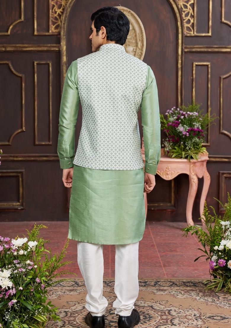 Green Embroidered Art Silk Nehru Jacket Set For Men