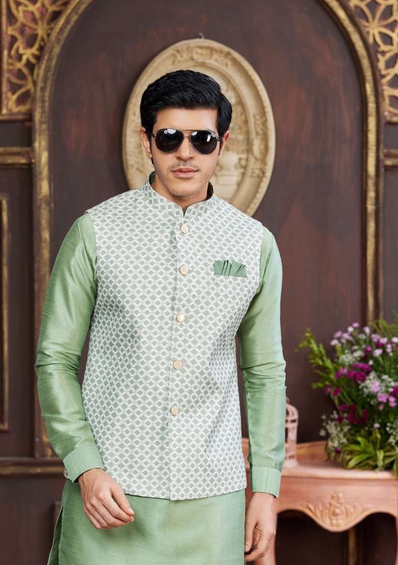Green Embroidered Art Silk Nehru Jacket Set For Men - Indya