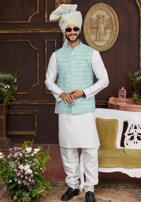 Green Embroidered Art Silk Nehru Jacket Set For Men