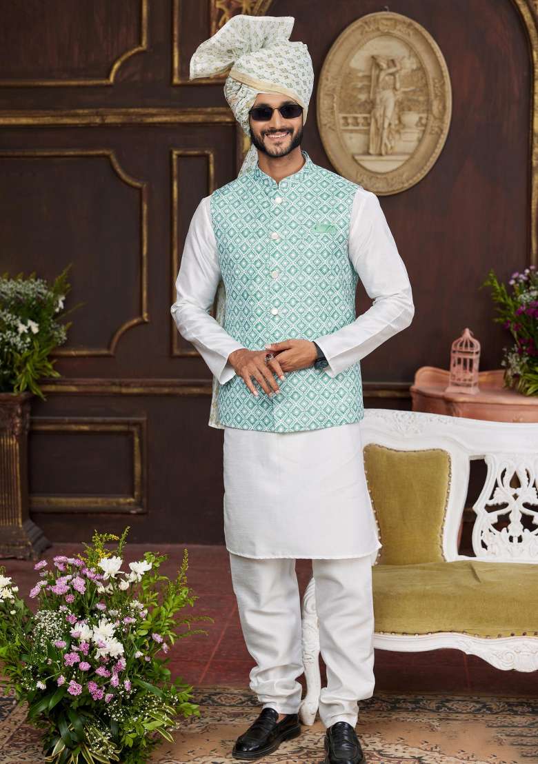 Green Embroidered Art Silk Nehru Jacket Set For Men - Indya