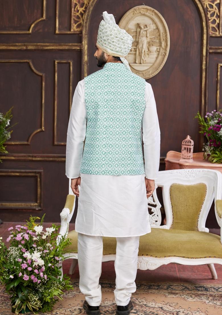 Green Embroidered Art Silk Nehru Jacket Set For Men