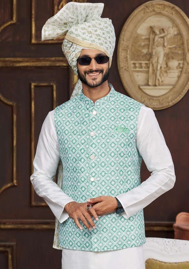 Green Embroidered Art Silk Nehru Jacket Set For Men - Indya