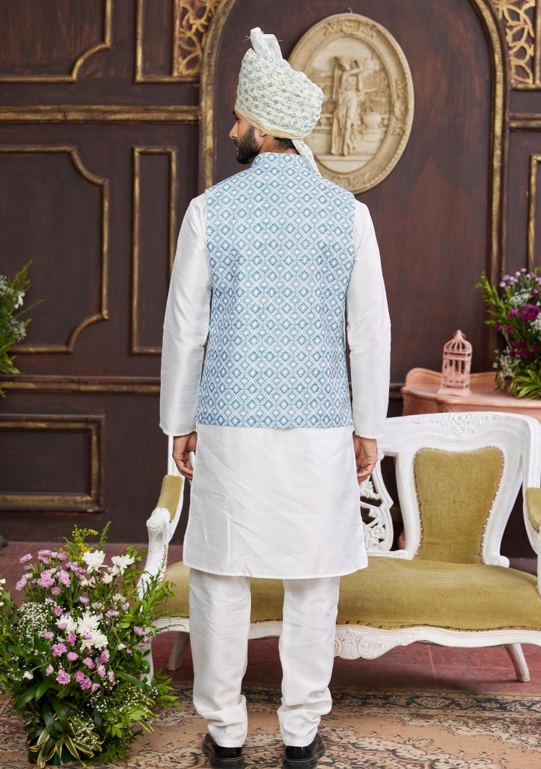 Blue Embroidered Art Silk Nehru Jacket Set For Men