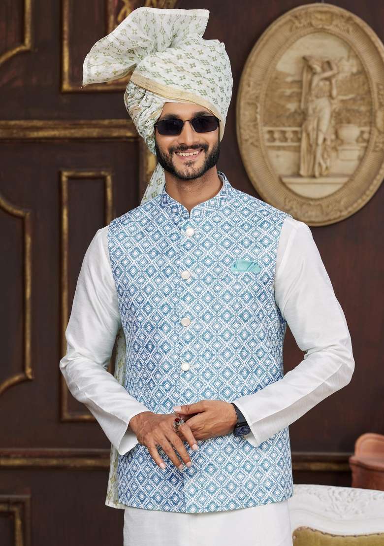 Blue Embroidered Art Silk Nehru Jacket Set For Men - Indya