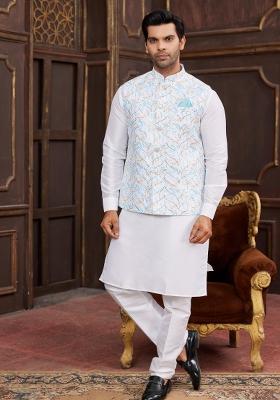 Blue Embroidered Art Silk Nehru Jacket Set For Men