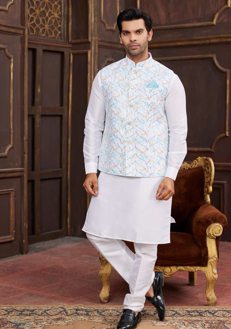 Blue Embroidered Art Silk Nehru Jacket Set For Men - Indya