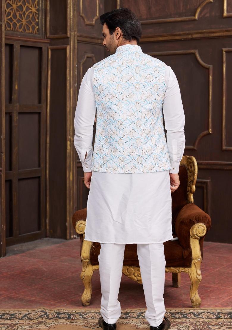 Blue Embroidered Art Silk Nehru Jacket Set For Men