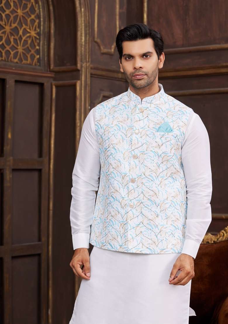 Blue Embroidered Art Silk Nehru Jacket Set For Men - Indya