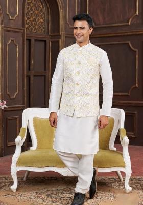 Yellow Embroidered Art Silk Nehru Jacket Set For Men