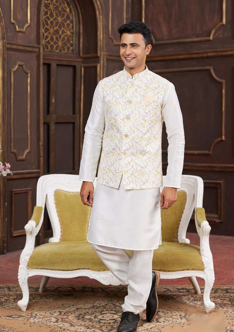 Yellow Embroidered Art Silk Nehru Jacket Set For Men - Indya