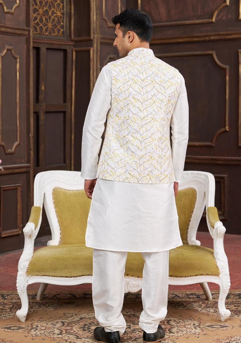 Yellow Embroidered Art Silk Nehru Jacket Set For Men