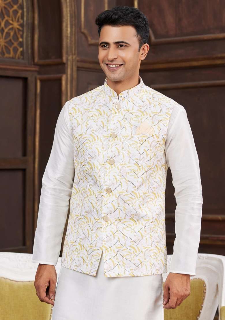 Yellow Embroidered Art Silk Nehru Jacket Set For Men - Indya