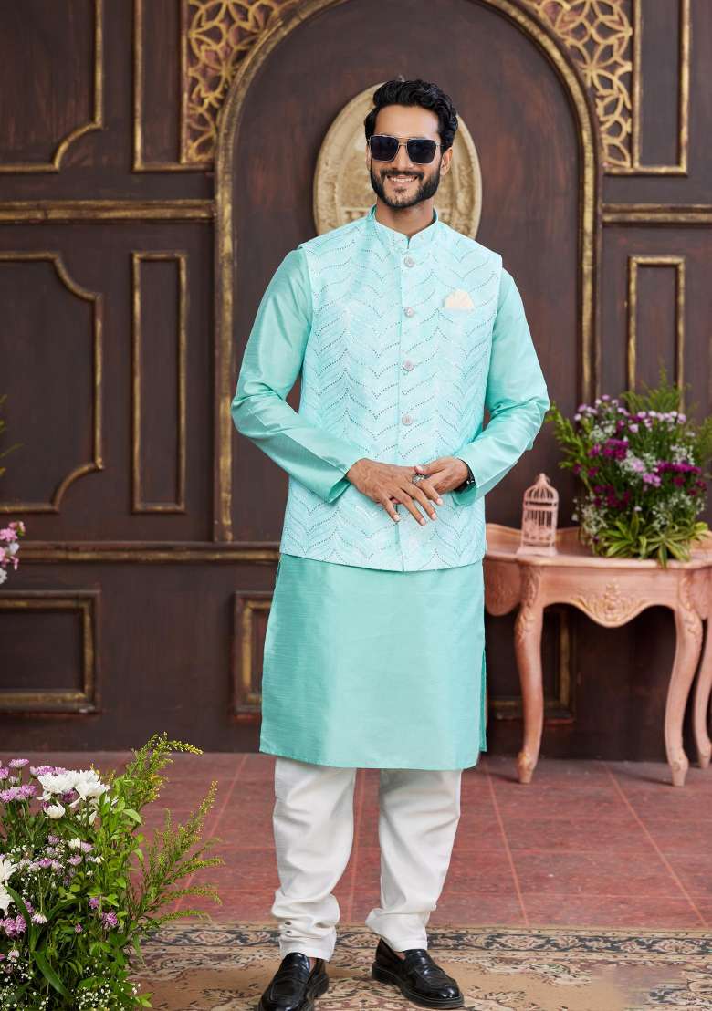 Green Embroidered Art Silk Nehru Jacket Set For Men - Indya