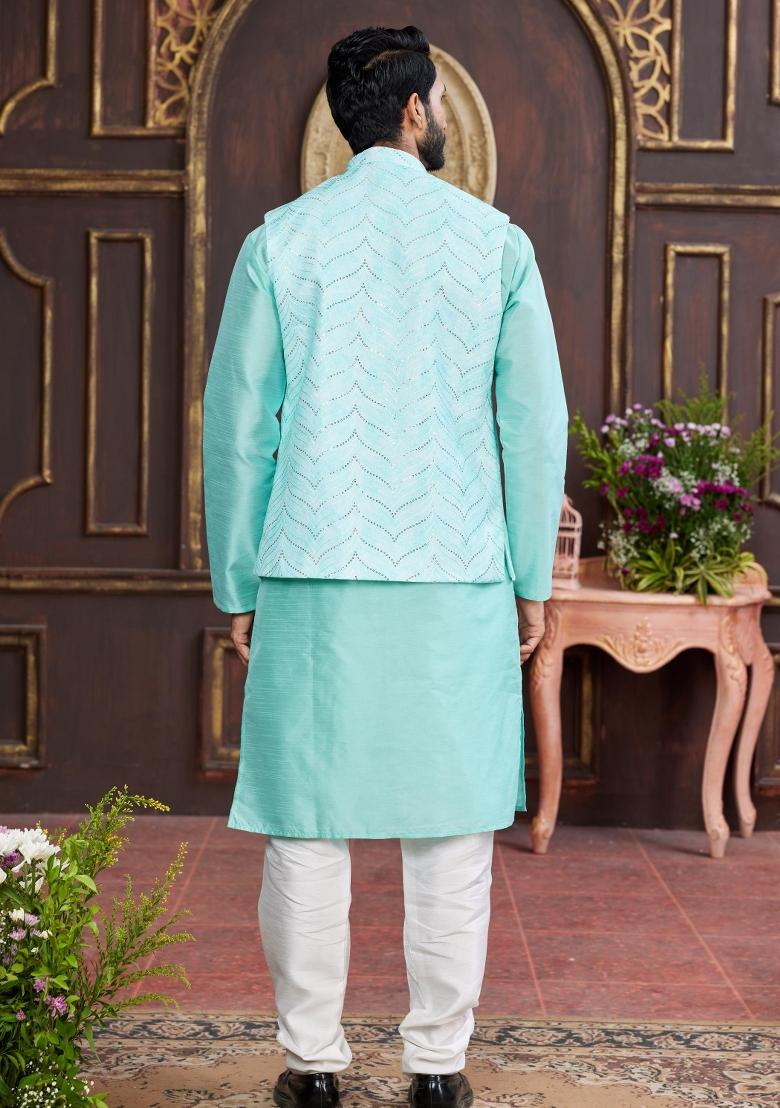 Green Embroidered Art Silk Nehru Jacket Set For Men