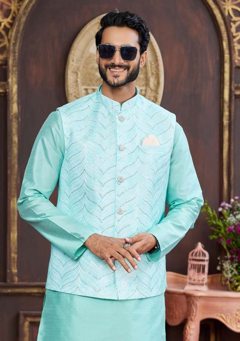 Green Embroidered Art Silk Nehru Jacket Set For Men - Indya
