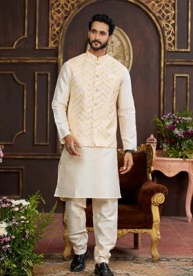 Yellow Embroidered Art Silk Nehru Jacket Set For Men