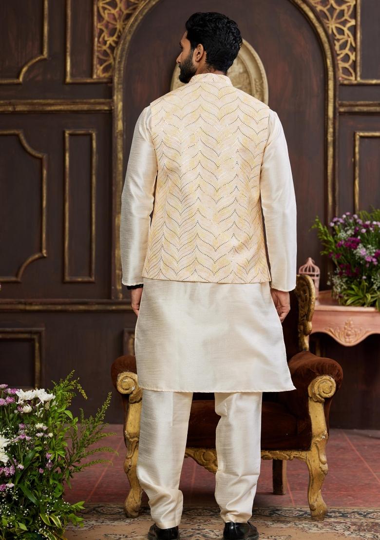 Yellow Embroidered Art Silk Nehru Jacket Set For Men