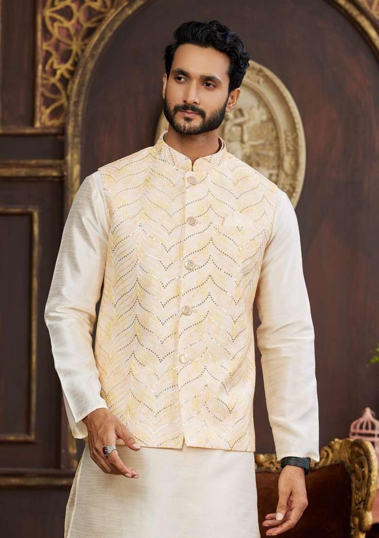Yellow Embroidered Art Silk Nehru Jacket Set For Men - Indya