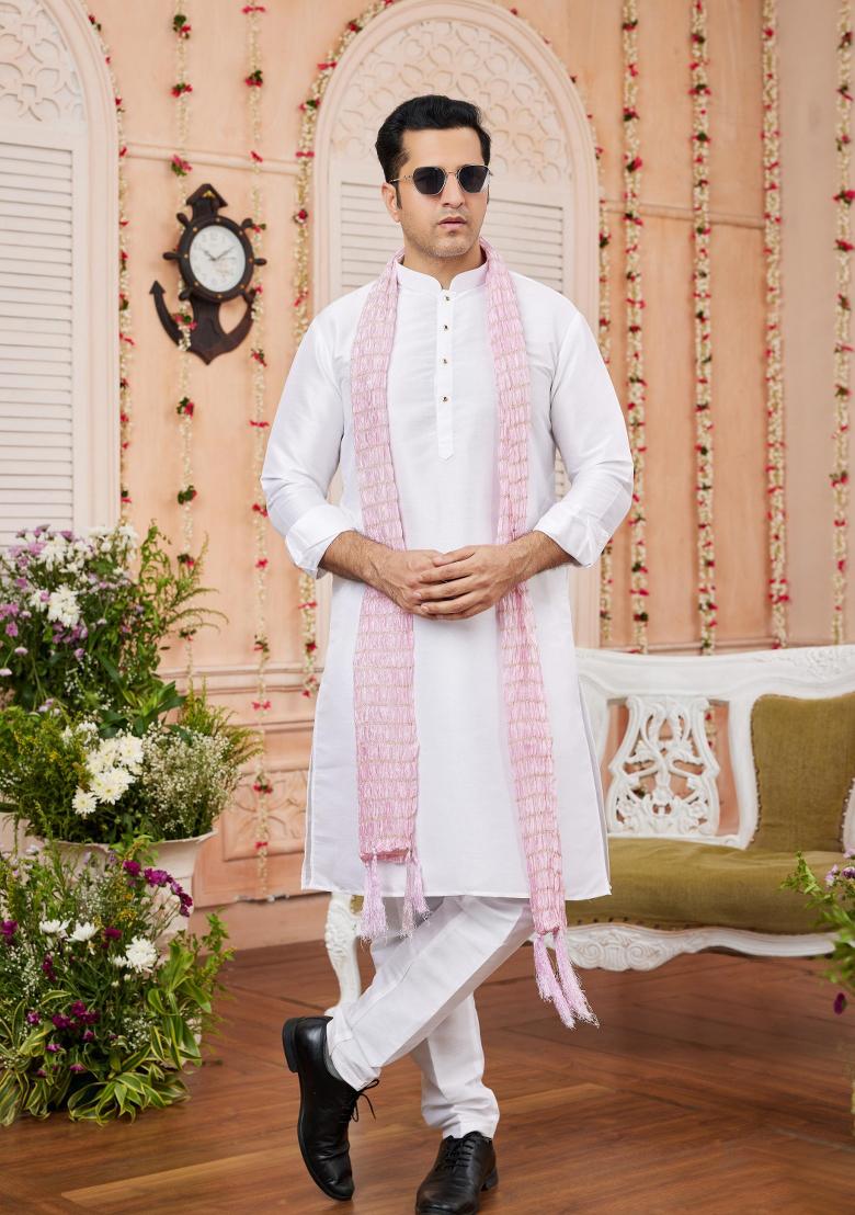 Off White Solid Art Silk Kurta Set For Men